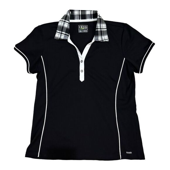 IZOD Golf Black & White Plaid Collar Short Sleeve Fitted Active Top Size Medium - Picture 6 of 10